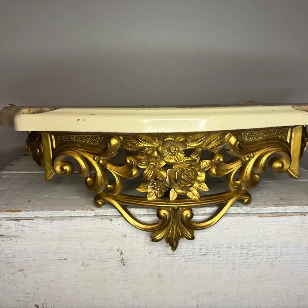 Vtg 1965s Gold Ornate Rose & Marble Wall Shelf Dart Syroco Hollywood Regency MCM